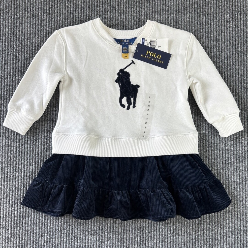 Polo Ralph Lauren Girls Velvet Ruffle Hem Sweatshirt Dress Navy White Size 2T